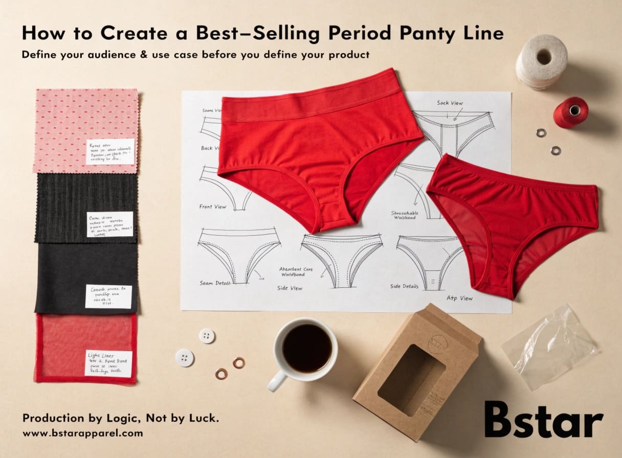 How to Create a Best-Selling Period Panty Line Period panty product development flat lay with fabric swatches and design sketches