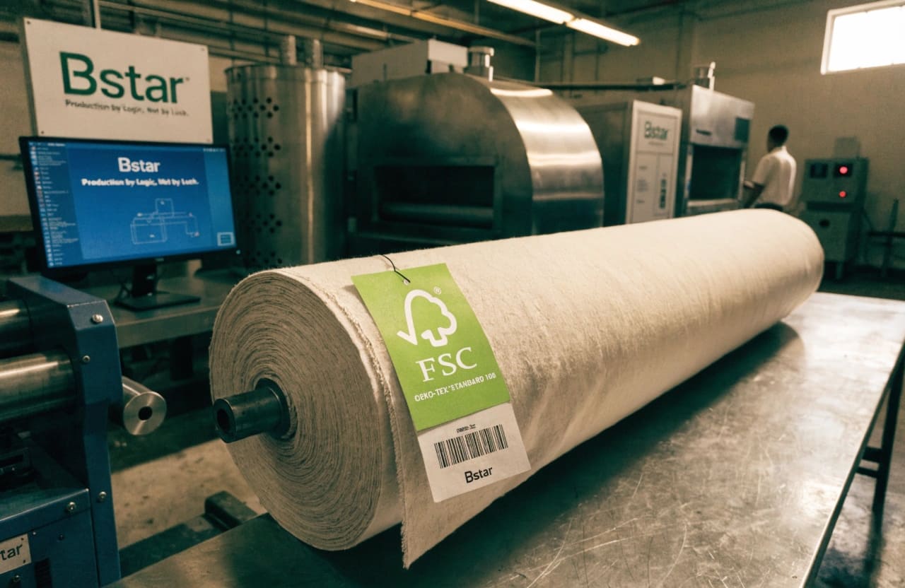 Is Bamboo Viscose Really Eco-Friendly? Bamboo viscose fabric roll with certification tags on a factory table