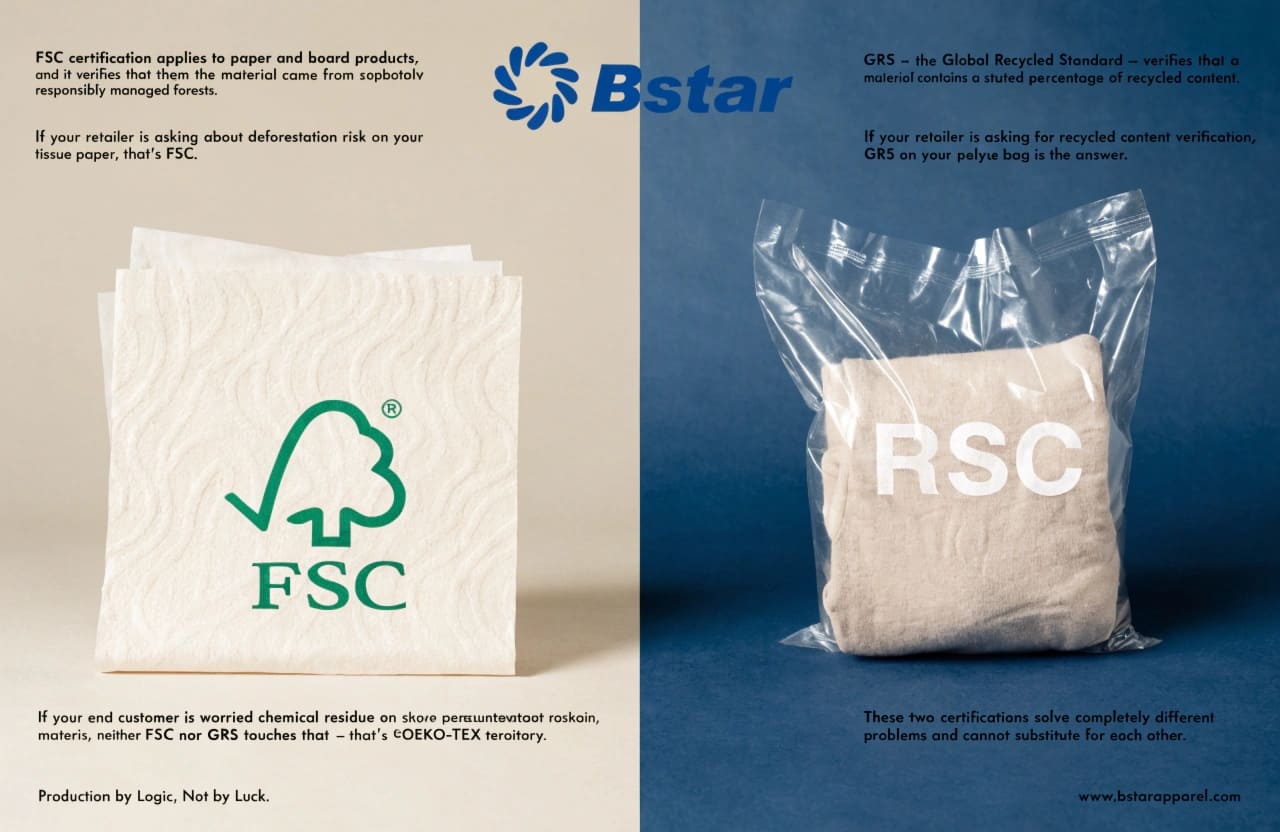 FSC paper vs GRS recycled polyethylene for underwear packaging FSC certified paper and GRS recycled polyethylene packaging materials