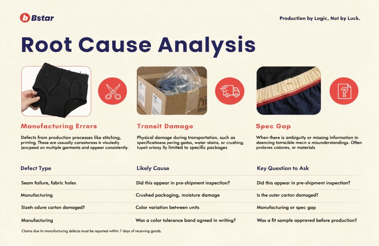 Distinguishing manufacturing defects from transit damage in underwear orders Root cause analysis for garment manufacturing defects