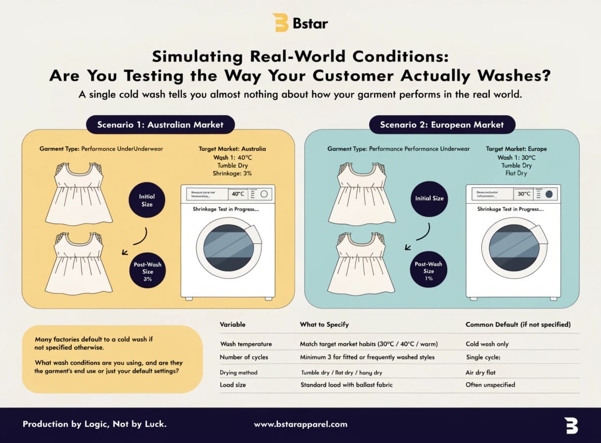Wash Cycle Simulation for Garment Shrinkage Testing Washing machine settings panel showing temperature and cycle options for fabric testing