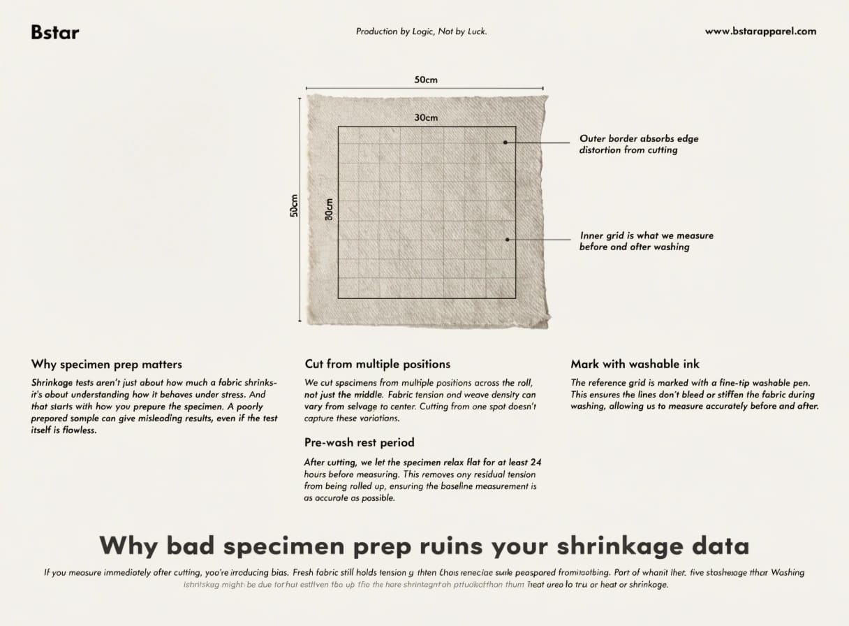 Fabric Specimen Preparation for Shrinkage Test 50x50cm fabric specimen with 30x30cm inner reference grid marked for shrinkage testing