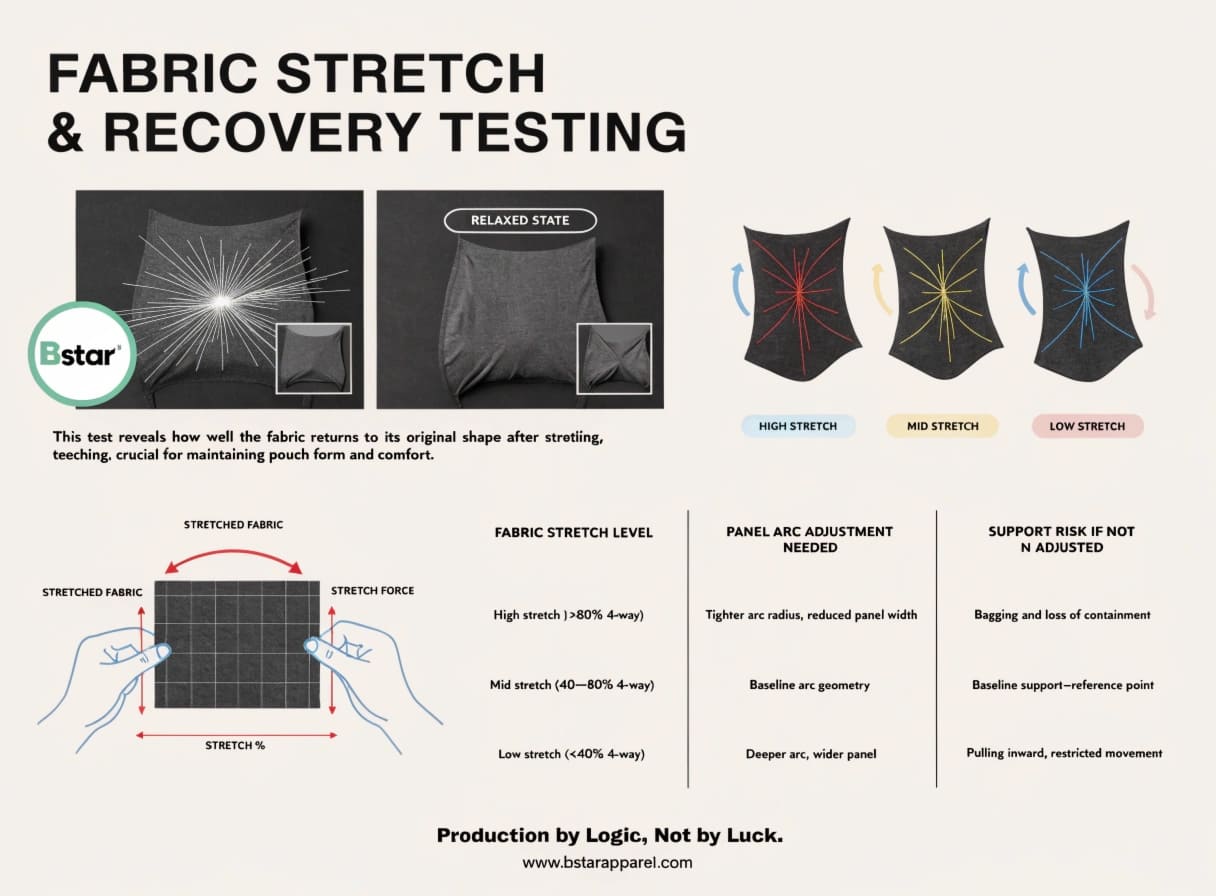 Fabric Elasticity Testing for Ergonomic Pouch Support Zones Fabric stretch and recovery testing for pouch underwear materials