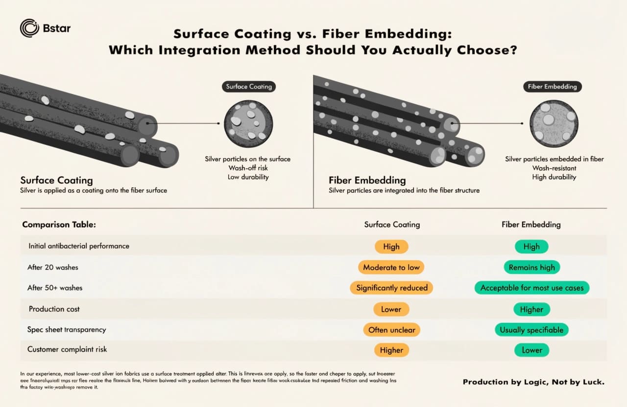 Fiber embedding vs surface coating silver ion integration method