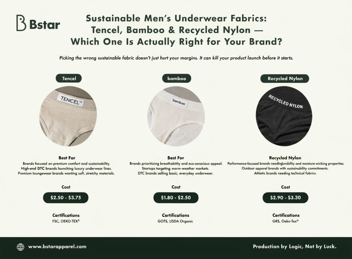 Sustainable Men's Underwear Fabric Guide Sustainable men's underwear fabrics Tencel bamboo recycled nylon comparison