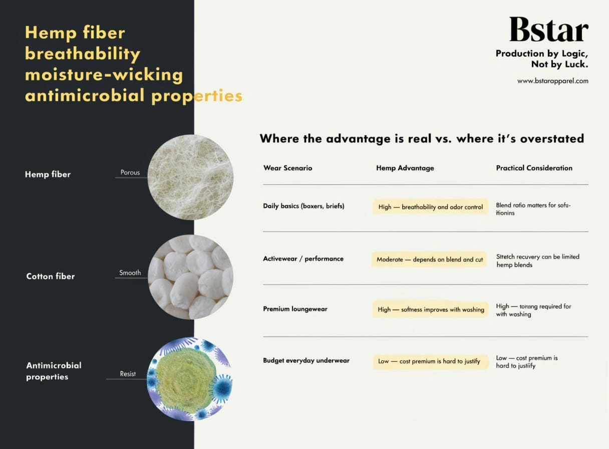 Hemp fiber breathability moisture-wicking antimicrobial properties