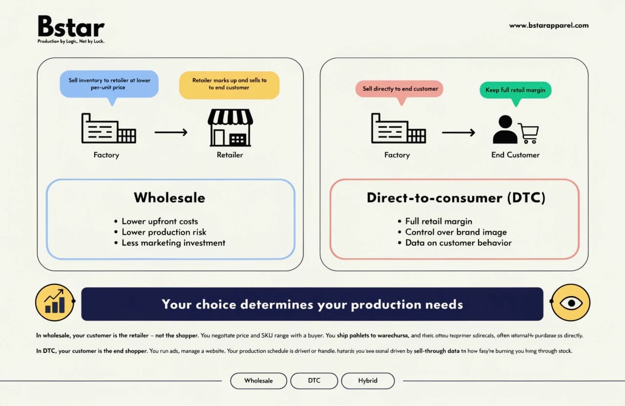Wholesale vs DTC Sales Channel Comparison Wholesale distribution vs DTC sales model diagram