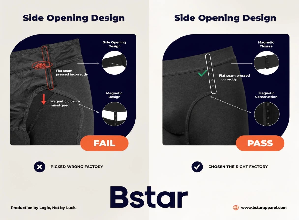 Adaptive underwear manufacturing flat seam and magnetic closure details