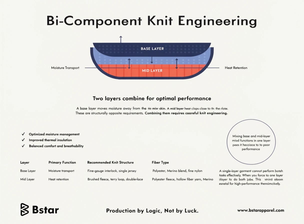 Bi-component knit structure diagram for thermal base layer and mid-layer