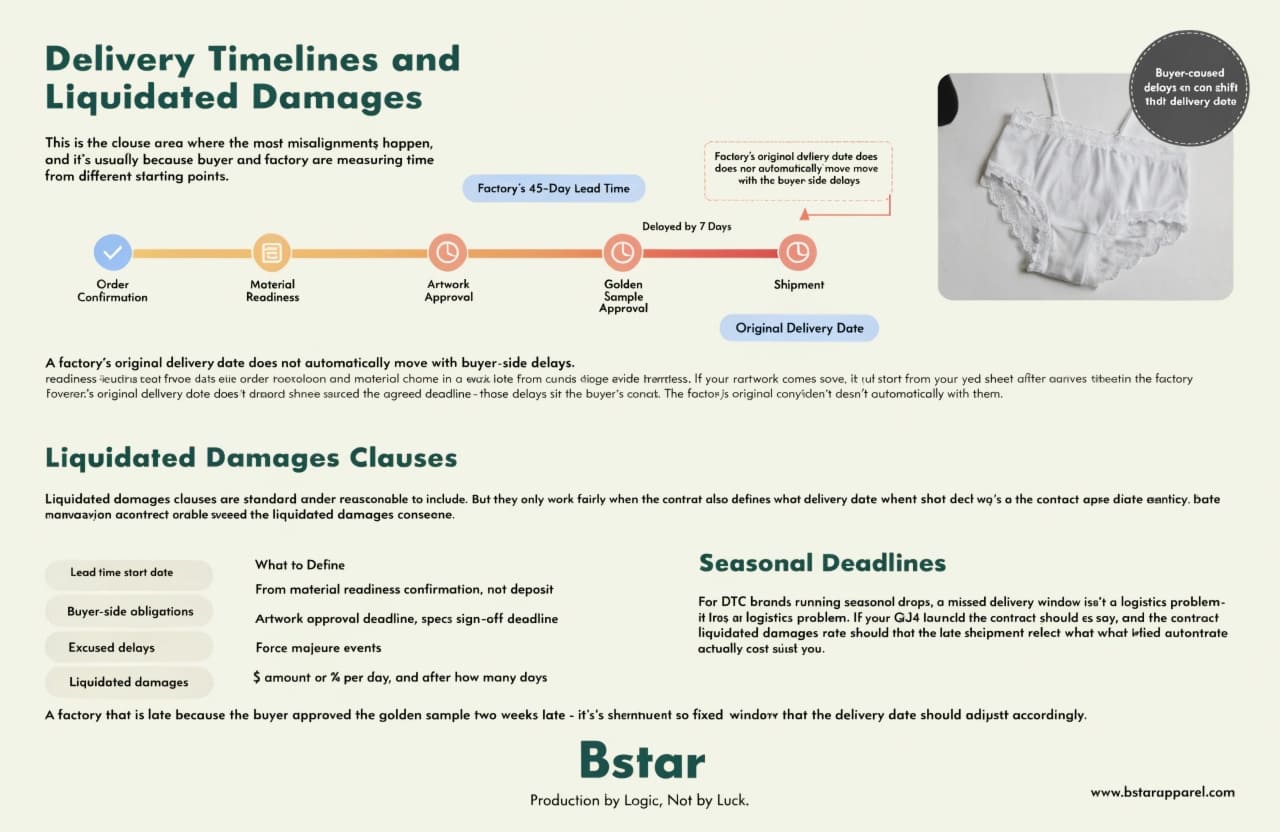 Delivery timeline liquidated damages underwear OEM contract