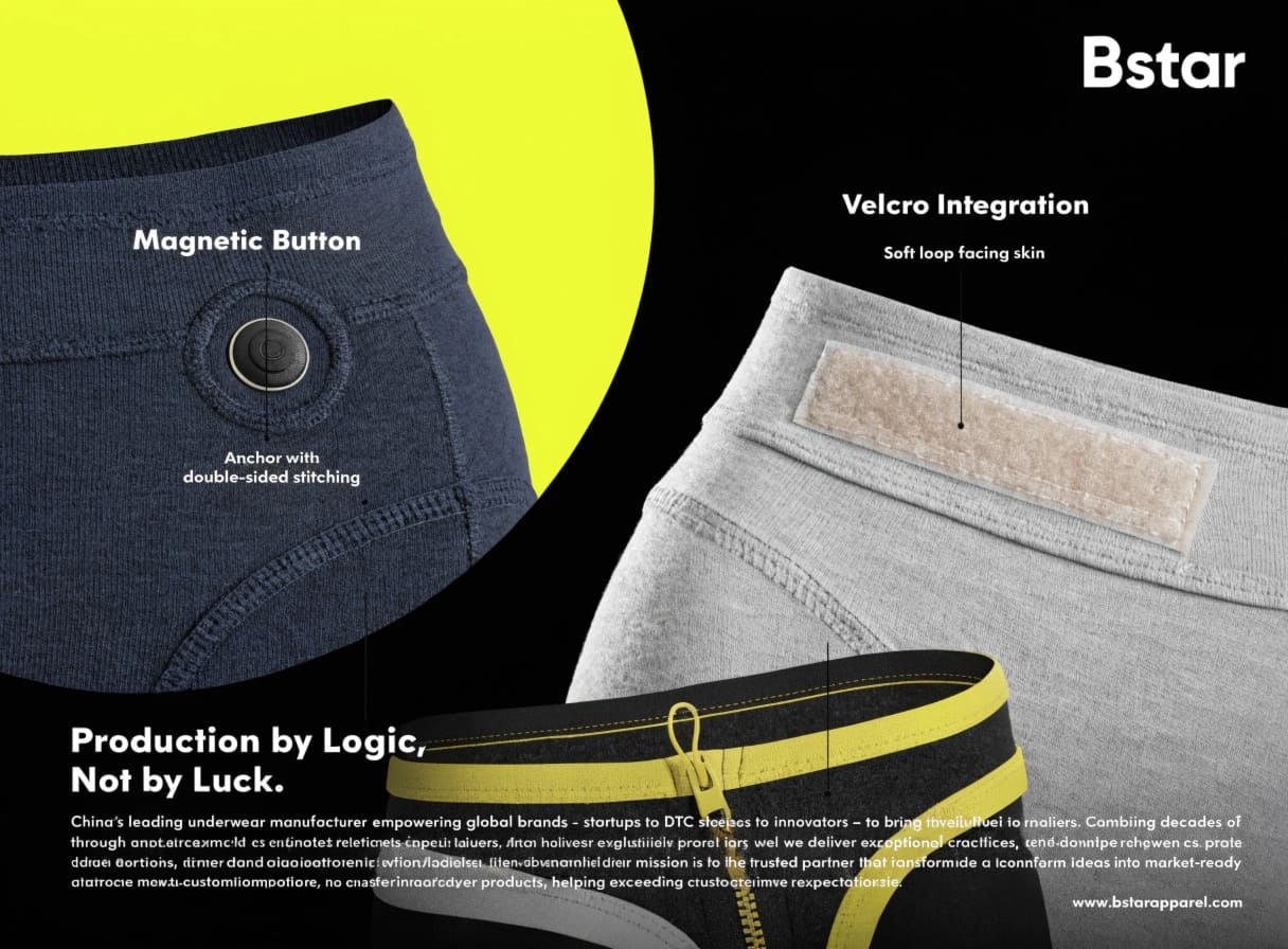 Magnetic closure and velcro integration on adaptive underwear sample