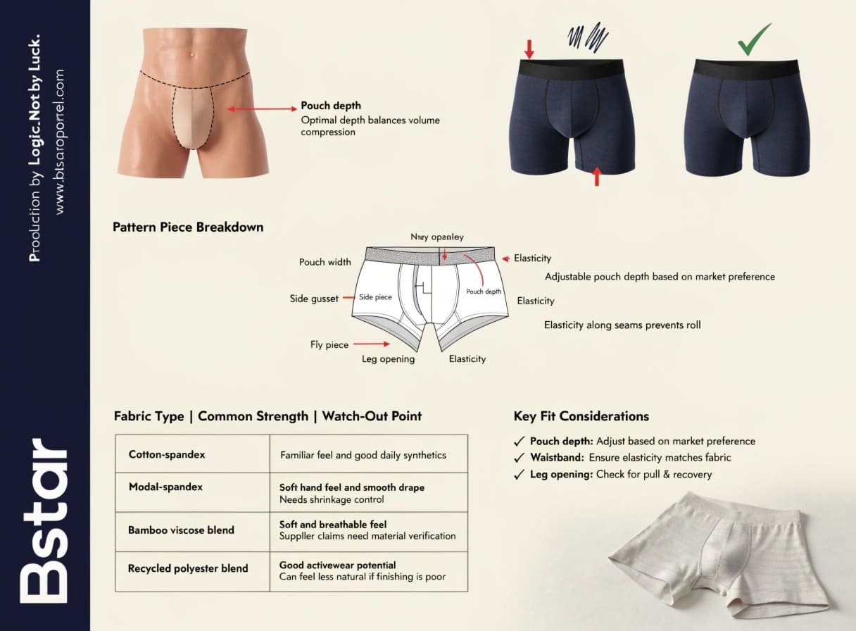 ergonomic boxer underwear pouch pattern making and elasticity
