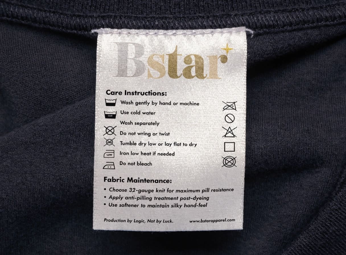 Modal Fabric Care Instructions and Maintenance Best Practices Modal garment care label showing gentle wash instructions and fabric maintenance recommendations