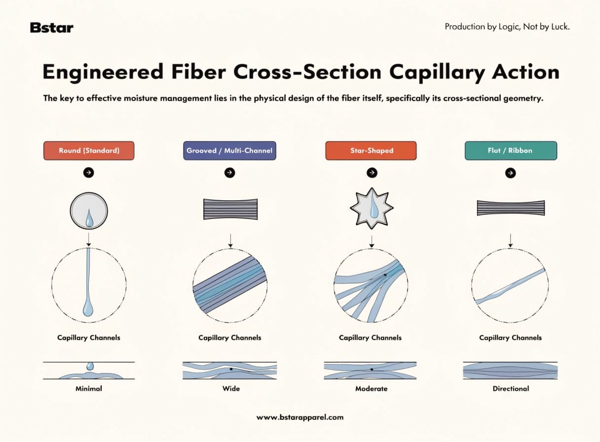 Fiber cross-section diagram for moisture-wicking fabrics