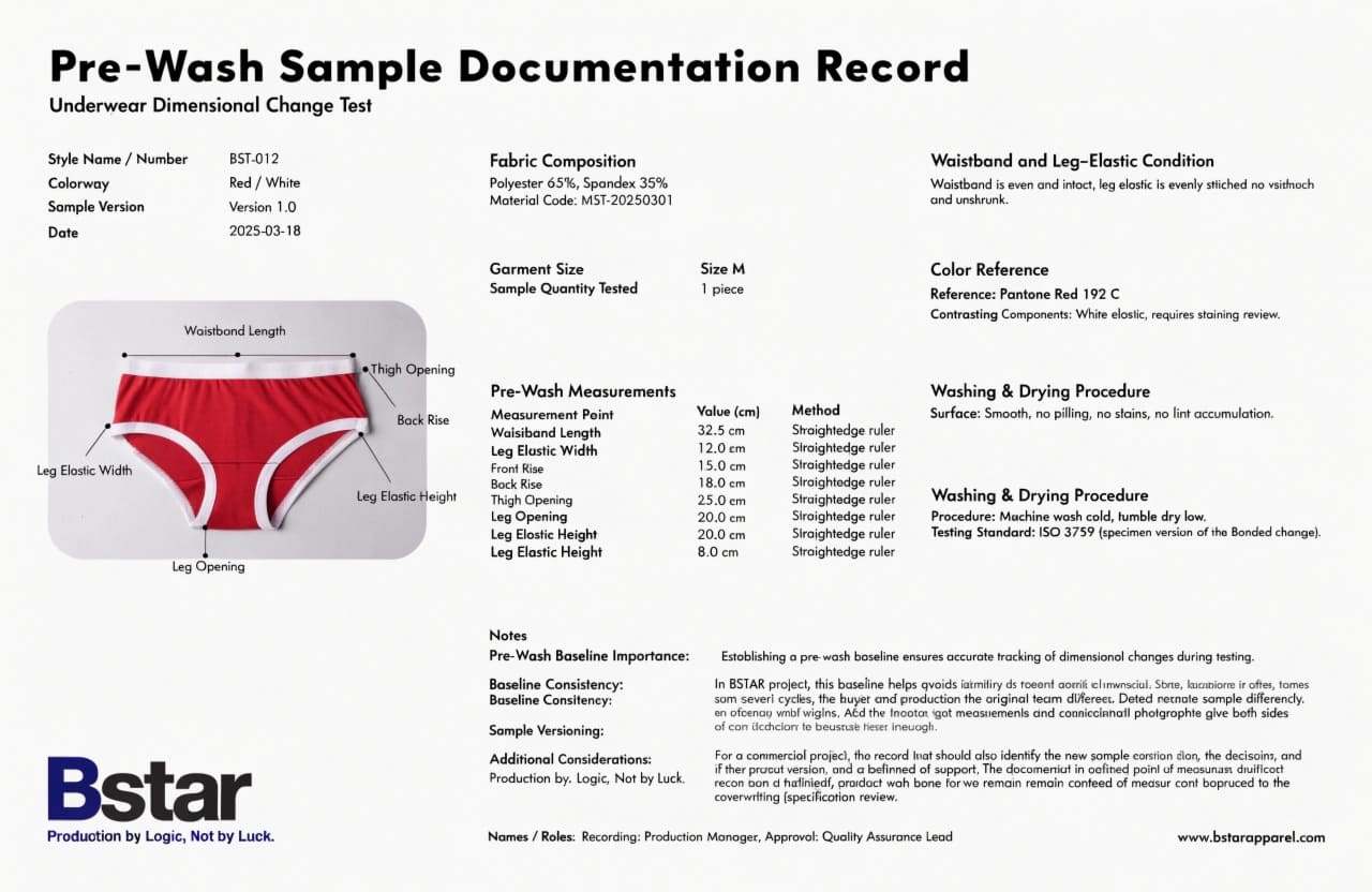 Pre-wash underwear sample record documentation pre-wash sample documentation record for underwear testing