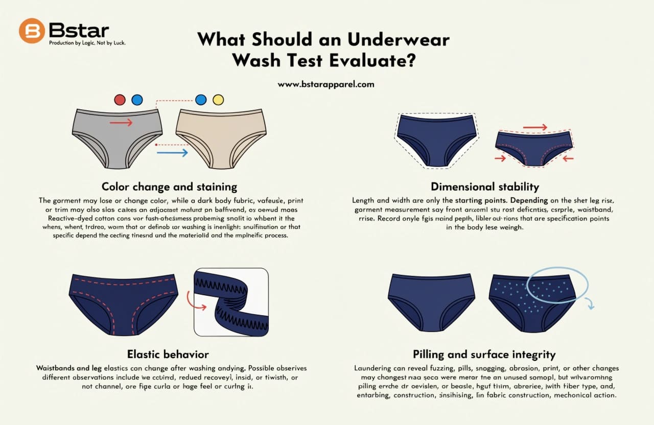 Underwear wash test evaluation categories what underwear wash tests evaluate - dimensions color elastic pilling